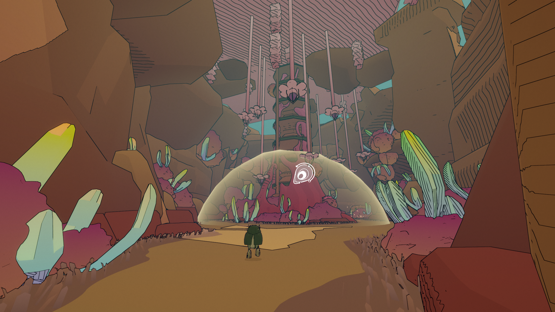 Scout approaches a mysterious crystal dome in an alien canyon