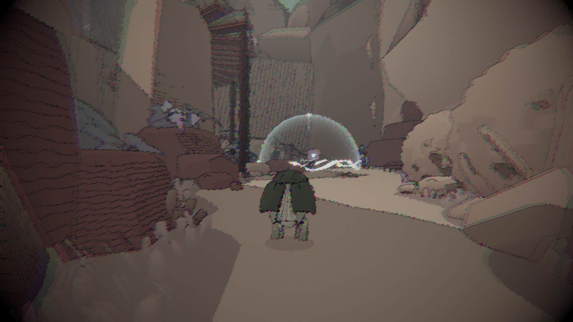 Scout navigating a misty desert canyon